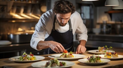 Male chef plating food in plate while working - Powered by Adobe