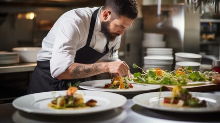 Male chef plating food in plate while working