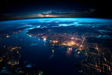 View of earth from a space, oceans and illuminated cities are visible. Earth at he night.