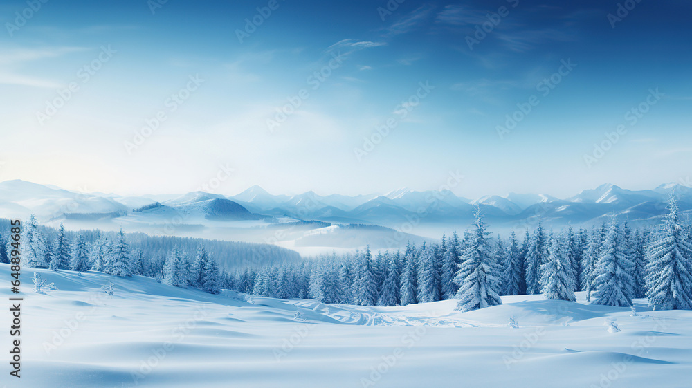 Poster empty panoramic winter background with copy space, bright color. generative ai