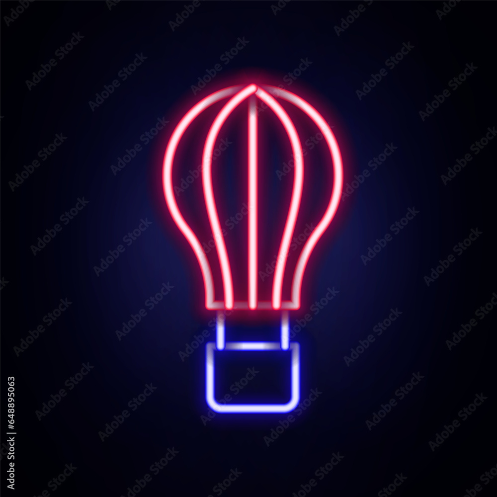 Poster Glowing neon line Hot air balloon icon isolated on brick wall background. Air transport for travel. Colorful outline concept. Vector