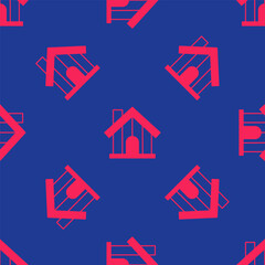 Red Farm house icon isolated seamless pattern on blue background. Vector