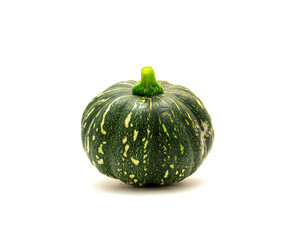 Side view fresh harvest baby winter squash, round eight ball gourd faint vertical ridges, speckled...