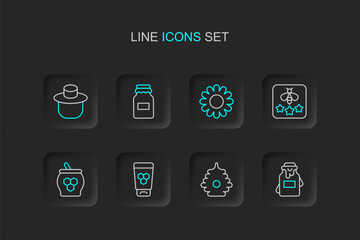 Set line Jar of honey, Hive for bees, Cosmetic tube with, and dipper stick, Type, Flower, and Beekeeper protect hat icon. Vector