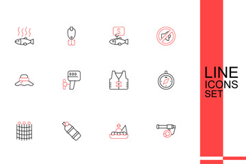 Set line Fishing rod, Fisherman boat, Aqualung, net pattern, Compass, jacket, Outboard motor and hat icon. Vector