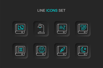 Naklejka premium Set line Holy book of Koran, Book about weapon, Phone, Translator, Table lamp and geometry icon. Vector