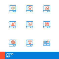 Set line Open book, History, Book about physics, Law, Financial, geometry and icon. Vector