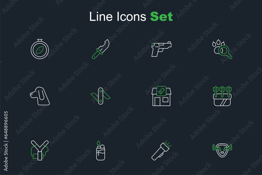 Sticker Set line Deer antlers on shield, Flashlight, Lighter, Slingshot, Quiver with arrows, Hunting shop, Swiss army knife and dog icon. Vector