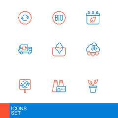 Set line Plant in pot, Factory production, Recycle clean aqua, Acid rain radioactive cloud, Garbage truck, Iceberg, Calendar with autumn leaves and Banner for bio icon. Vector