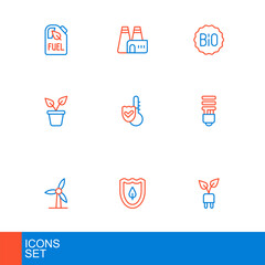 Set line Electric saving plug in leaf, Shield with, Wind turbine, LED light bulb, Plant pot, Thermometer, Banner for bio and Factory production icon. Vector