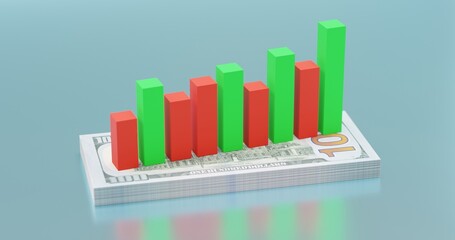 Graph of growth and fall on stacks of hundred-dollar bills on a blue background, 3d rendering