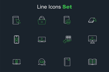 Set line Open book, Book, Graduation cap in speech bubble, Online education with diploma, play video, donation, and icon. Vector