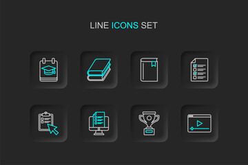 Set line Online play video, Award cup, quiz, test, survey, Book, and education icon. Vector