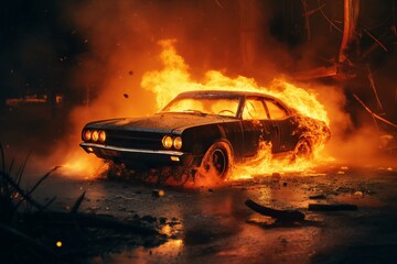 Burning Old School Car in the Night. Car fire. Car explosion. Burning vehicle on the road. Disaster, apocalypse, and damage.