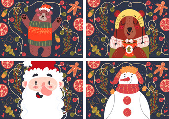 Merry Christmas card cute animal greeting posters banners set. Vector flat graphic design illustration
