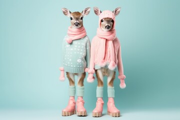Two cute anthropomorphic reindeer animals standing in xmas pastel sweaters. Pastel pink and blue background. Creative fashion concept with wild animal.