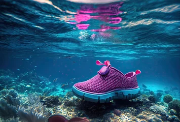 Fotobehang pink children's shoe at the bottom of the sea © petrovk