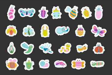 Cute insects cartoon characters. Sticker Bookmark. Funny small animals. Vector drawing. Collection of design elements.
