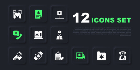 Set Medical health record folder, Emergency call 911, Clinical on laptop, Ambulance car, Smart watch with heart, Patient and icon. Vector