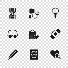 Set Pills in blister pack, Smart watch with heart, Medical inspection, Patient record, Dental implant, DNA symbol, Blood pressure and Glasses icon. Vector