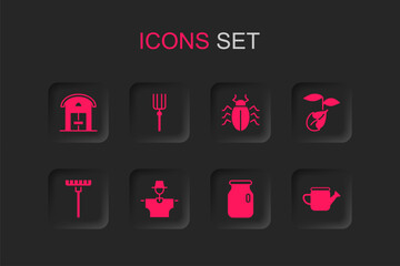 Set Scarecrow, Garden pitchfork, Farm house, Glass jar with screw-cap, Sprout, Watering can, Colorado beetle and rake icon. Vector