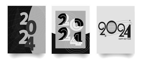 "Futuristic 2024 New Year Posters  set Design with Typography Logo. Minimalistic and trendy background for branding, banners, covers, cards. Ideal for a stylish and modern New Year celebration."
