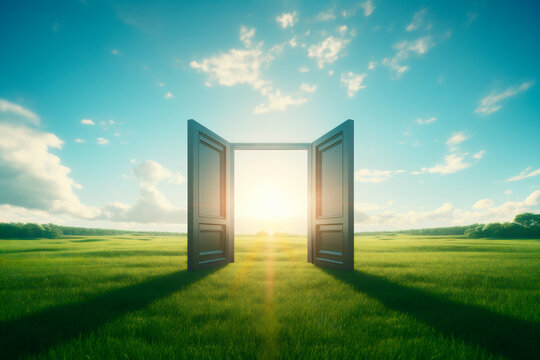 Concept of opening doors to a hopeful, bright and promising future. Bright sky and wide green meadow.