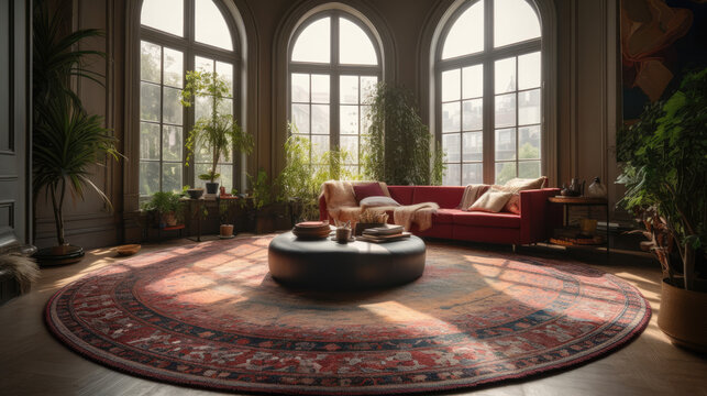 Round rug in living room, Generative AI
