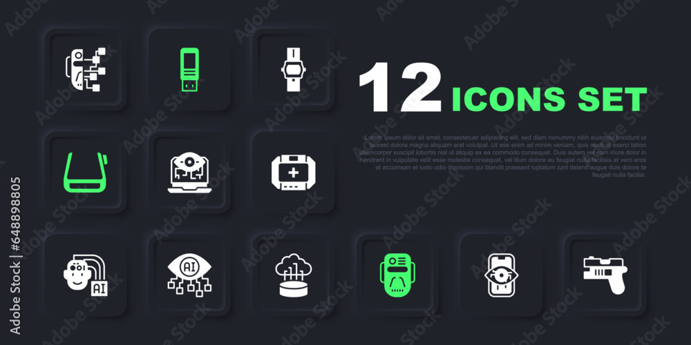 Poster set computer vision, futuristic weapon, artificial intelligence robot, smart glasses spectacles, usb