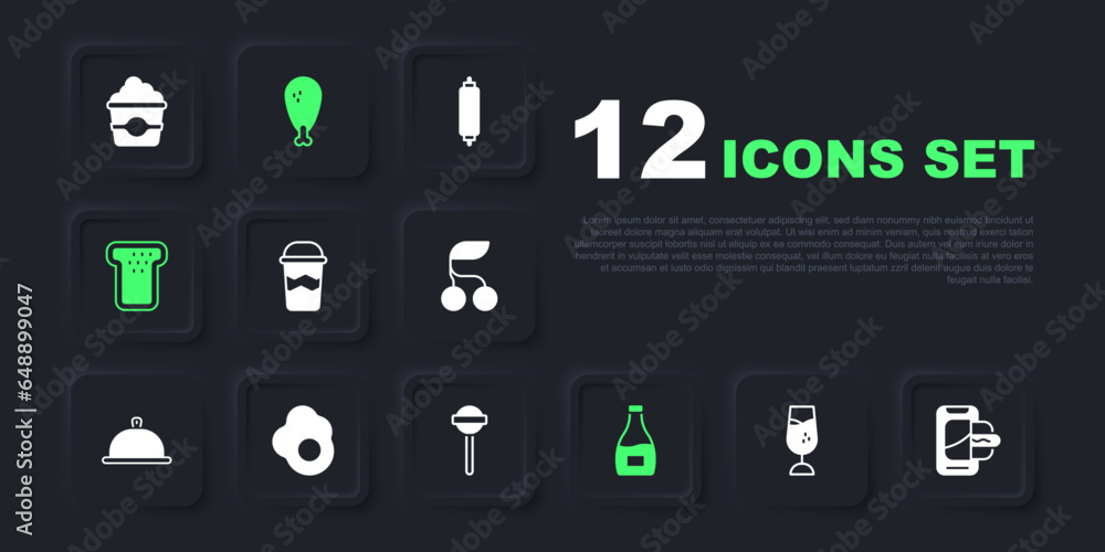 Poster Set Wine glass, Food ordering on mobile, Coffee cup to go, Sauce bottle, Bread toast, Scrambled egg, Chicken leg and Lollipop icon. Vector