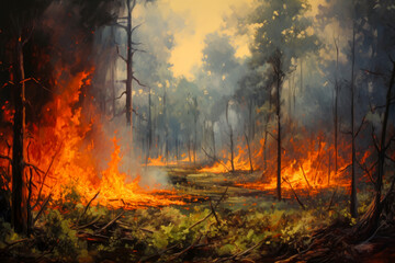 Forest fire, burning trees and grass in the foreground