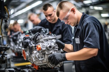 Skilled individuals operating various machines in a manufacturing or industrial