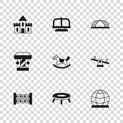 Set Jumping trampoline, Seesaw, Playground climbing equipment, Horse saddle swing, Monkey bar, Sand castle, Attraction carousel and icon. Vector