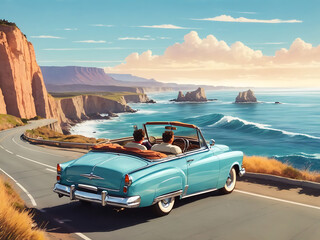 Fototapeta na wymiar an epic road trip, featuring a vintage convertible cruising along a scenic coastal highway, with cliffs and crashing waves in the background