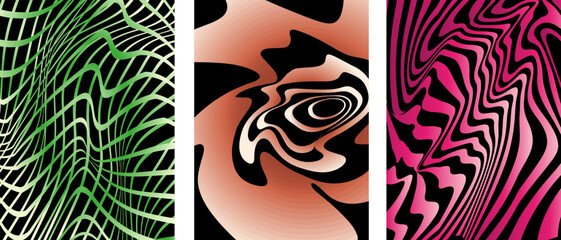 Set of Abstract Trendy Neon Groovy Hippie 70s backgrounds. Waves, Swirl, Twirl pattern with line, circle. Twisted and distorted vector texture in Trendy Retro Psychedelic style. Y2k modern Vector art.