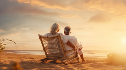  hug and senior couple on beach chair  for bonding - obrazy, fototapety, plakaty