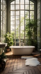 Cozy posh luxurious interior design of bathroom with white bathtub, wooden classic parquet floor, tall ceiling, french windows, white panel walls, parisian look, off-white textiles, many green plants