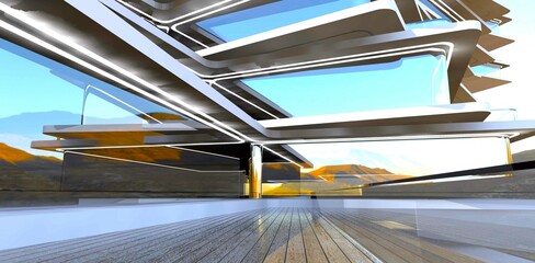 Architectural composition. Deck of the modern hotel. Much glass. Good picture for real estate journal. 3d rendering.