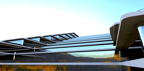 Fantastic view of the stair shaped facade of the stylish modern hotel built in the mountains. 3d rendering.