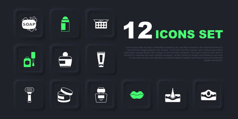 Set Human hair follicle, Acne, Cream or lotion cosmetic tube, Smiling lips, Bottle of nail polish, Deodorant roll and Perfume icon. Vector