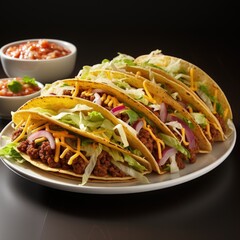 Fresh delicious tacos with beef, meat, onion, lettuce, got chili pepper, pickles, on white table isolated. Side top view