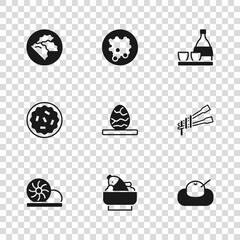 Set Rice with fish in a bowl, Food chopsticks noodles, Mochi, Chinese tea egg, Bottle of sake, Dumpling, and Homemade pie icon. Vector