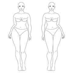 Plus size female fashion figure posing, vector template. Curvy woman body vector line illustration. Curvy fashion model croqui.