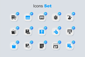 Set Market store, Item price tag with dollar, Credit card, Paper shopping bag, Delivery cargo truck, Online on screen, Free delivery service and Stacks paper money cash icon. Vector