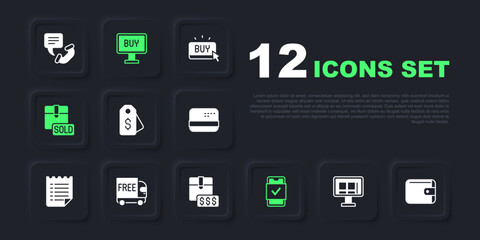 Set Online shopping on screen, Wallet, Price tag with dollar, Mobile, Sold, Free delivery service, Buy button and Item price icon. Vector