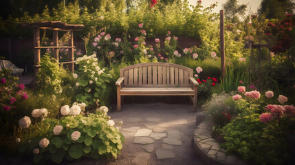 Fototapeta na wymiar Gardening beautiful backyard garden with blooming flowers three generative AI