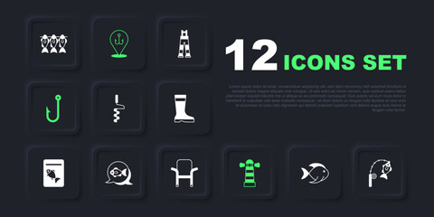 Set Fish, Fishing rod and fish, Hand ice drill, Lighthouse, hook, and Camping folding chair icon. Vector