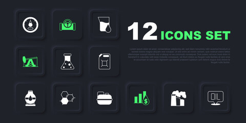 Set Oil and gas industrial factory, Word oil, petrol test tube, Pie chart dollar, pump pump jack, Molecule, pipe with valve and Canister for gasoline icon. Vector