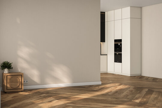 Fototapeta Modern interior design of apartment, kitchen, empty living room with beige wall, panorama.