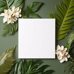 Square white card surrounded by leaves and flowers Generative AI